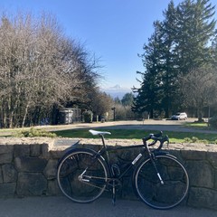 Single speed bike leaning against a low decorative stone wall with a snowy mountain in the distance, on a bright and windy day